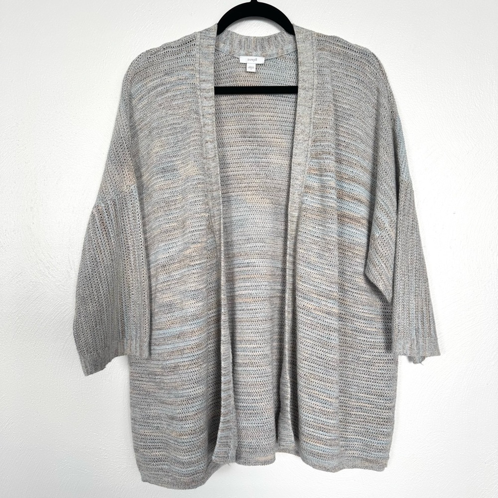 J. Jill PureJill Cardigan Women Large Gray Stripe Knit Open Front Cotton Blend